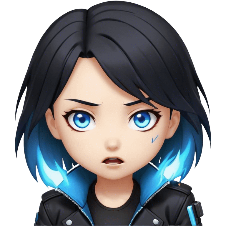 Black hair cyberpunk 2077 chibi girl with blazing blue eyes and black jacket. shocked anime style emoji