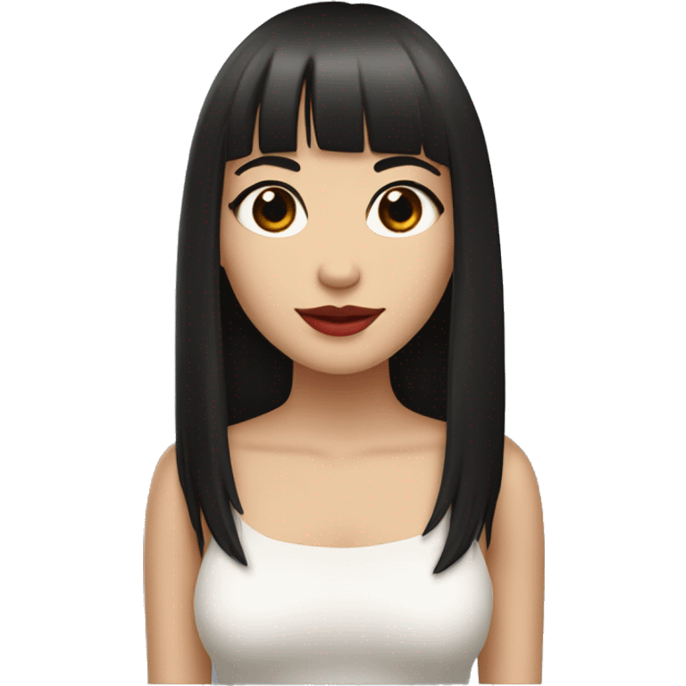 pretty girl with long black straight hair reaching below the armpits with bangs. red lips, brown eyes, white skin, almond shaped eyes  emoji