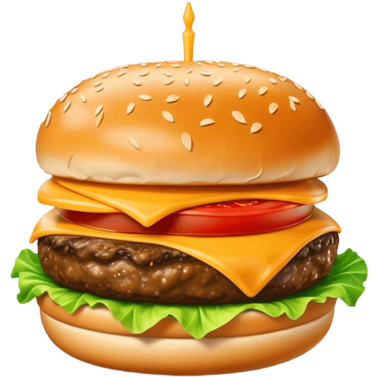 Cinematic Realistic Cheeseburger Dish Emoji, showcasing a juicy burger layered with cheese, lettuce, and tomato on a toasted bun rendered with lifelike detail and vibrant, inviting lighting. emoji