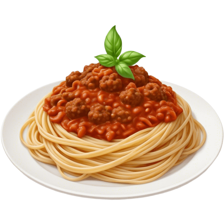 Spaghetti Bolognese on a plate,nice basil on top emoji