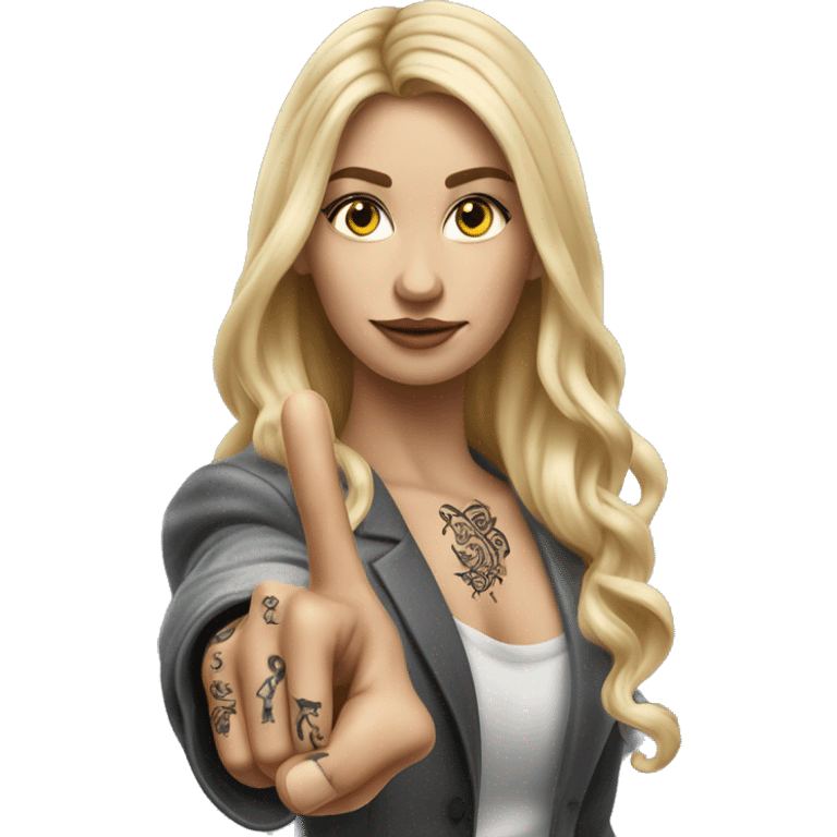 Blonde elegant women with LONG HAIR, her Body Covered with Tattoos, POINTING YOU FORWARD with her HAND with INDEX FINGER, Hyper Realistic emoji