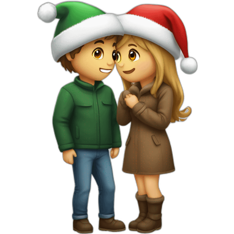 boy and girl kissing with cristmass hat emoji