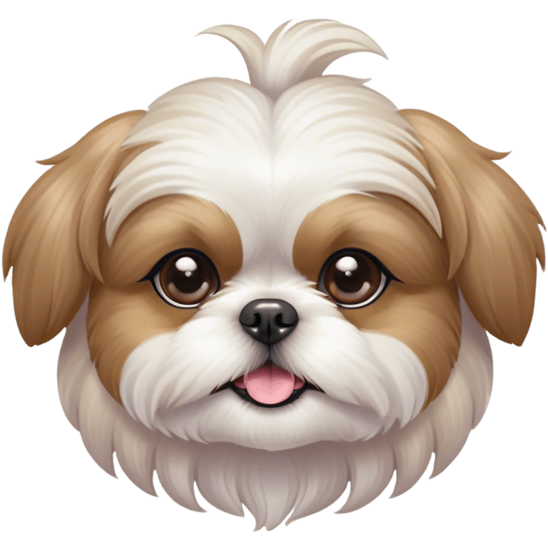 Cinematic Cute Shih Tzu Portrait Emoji, Head playfully tilted with large, sparkling eyes and a fluffy, endearing fur in gentle, pastel tones, simplified yet irresistibly charming, highly detailed, glowing with a warm, cuddly radiance, high shine, radiating affectionate and joyful energy, styled with a soft, playful outline, capturing the essence of a cute Shih Tzu that seems destined to charm everyone in its path! emoji