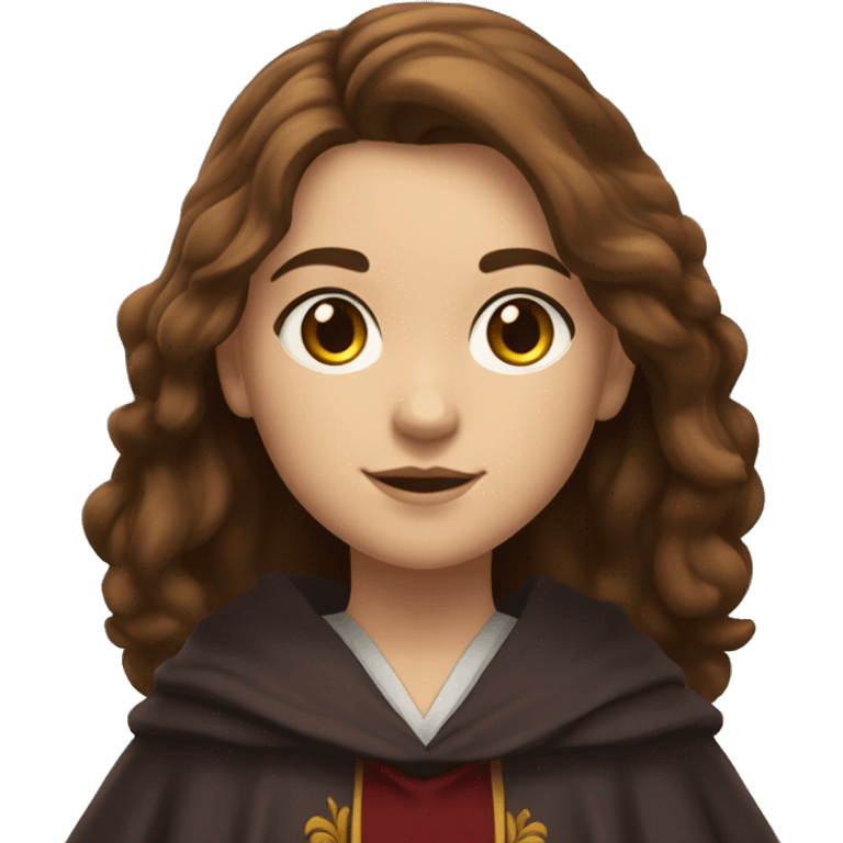 12 year old girl with brown hair past her shoulders with blueish grayish eyes wearing a gryffindor robe emoji