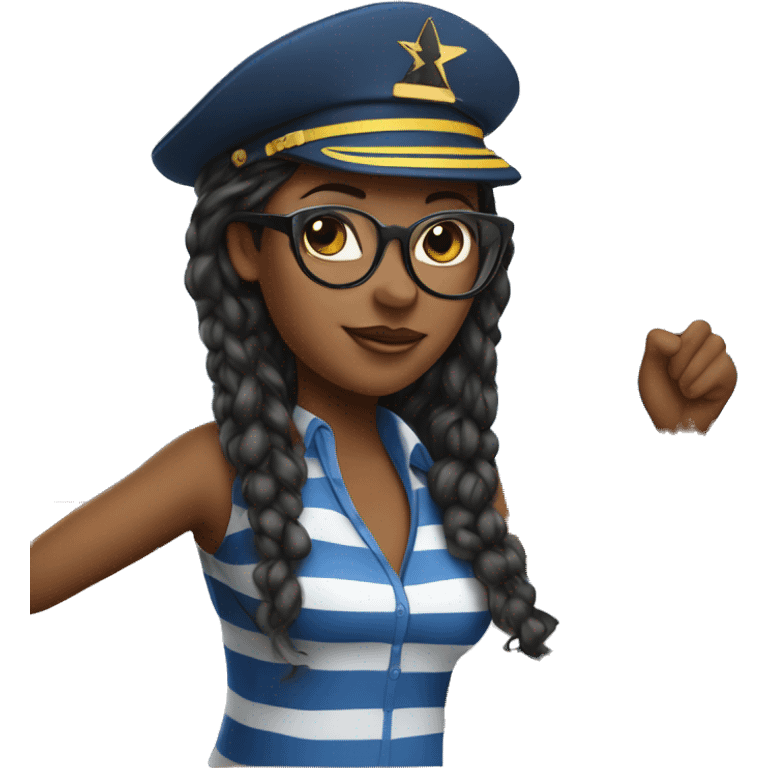 An african american woman at the wheel of a sailboat an bule and white striped shirt with black glasses and a star on her captain's hat. emoji