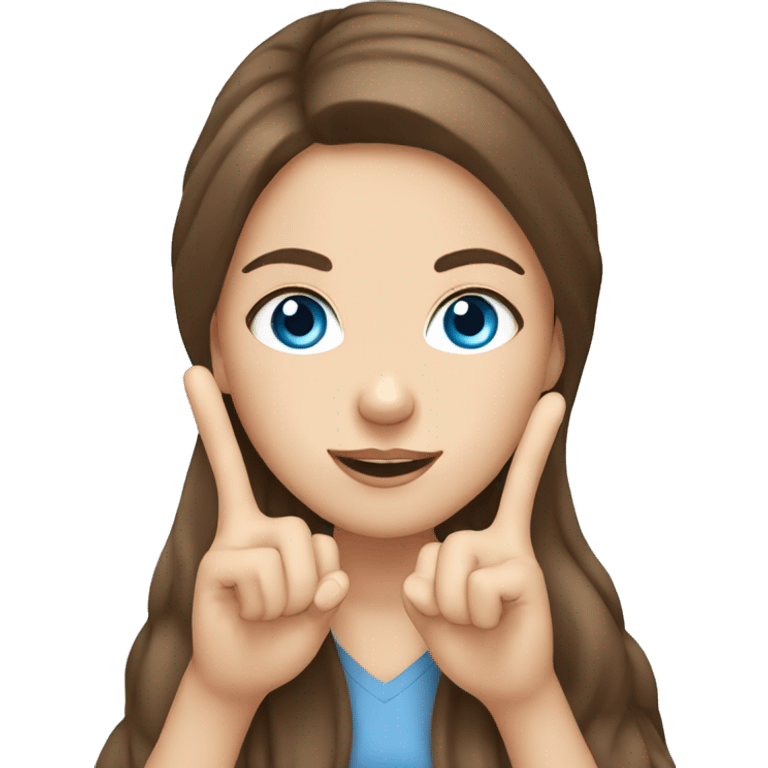 white girl with brown hair and blue eyes holding up a peace with her hands  emoji