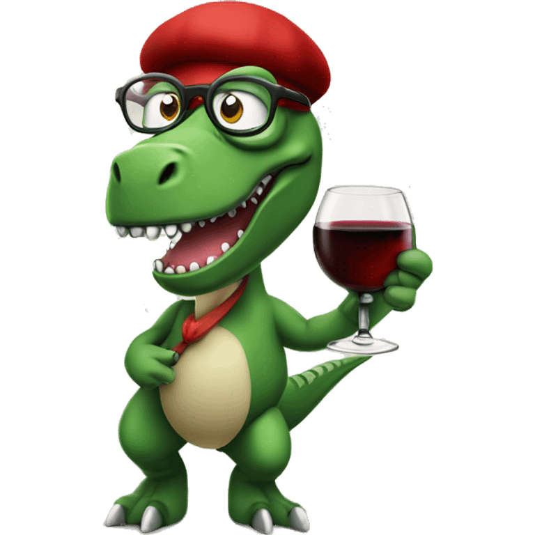 Angry Green Trex wearing red beret and eyeglasses holding red wineglass  emoji