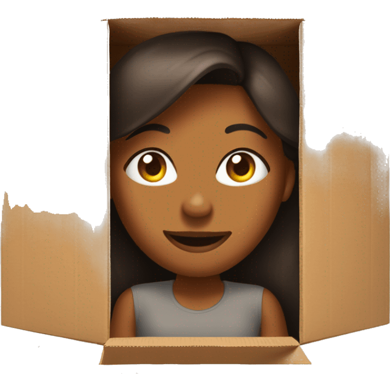 A beautiful brown skin woman with peeks cheerfully from an opening in a large cardboard box, her expression sad  emoji