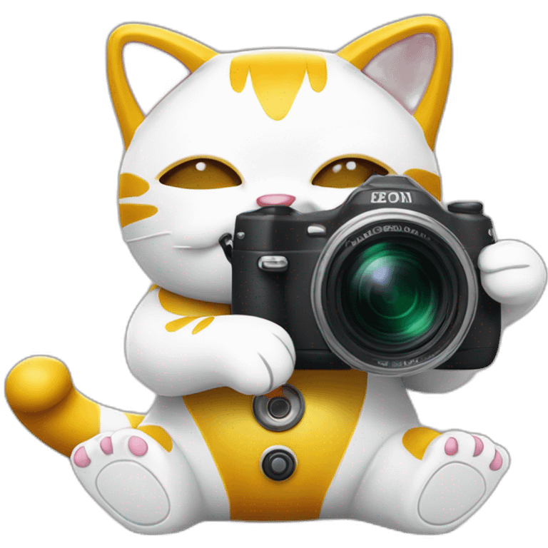 maneki neko with a camera between the legs on the ground, and the arm up emoji