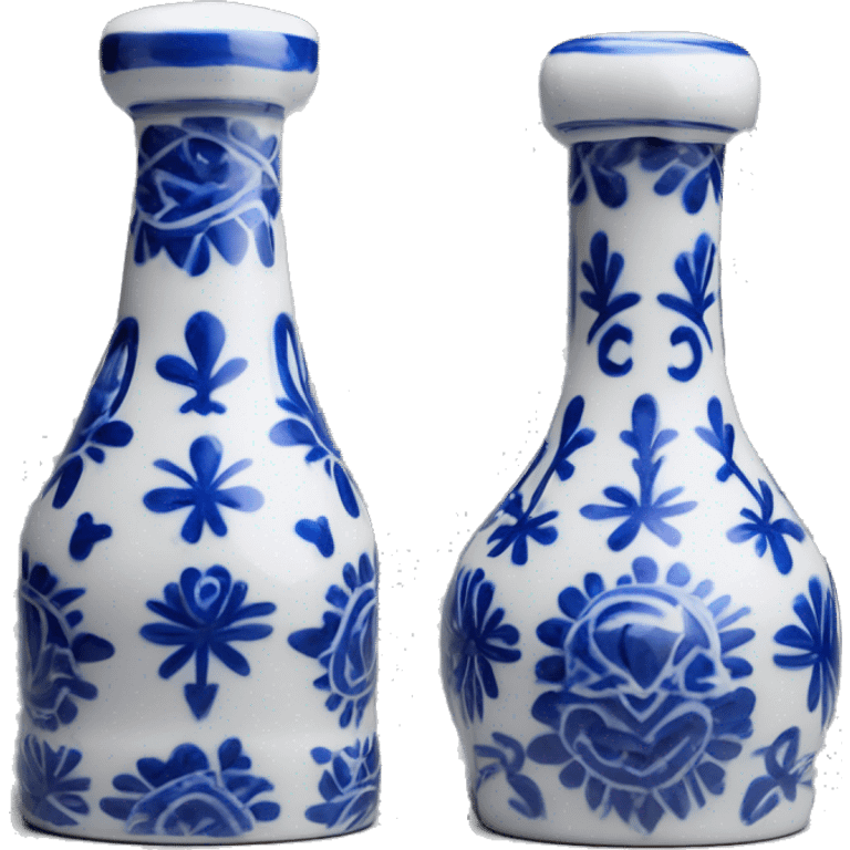 The Clase Azul Tequila bottle is tall and hourglass-shaped, with a wide base that tapers towards the neck. Its white ceramic body is decorated with cobalt blue floral designs, and it’s topped with a complete gray, bell-shaped stopper that curves inward  emoji