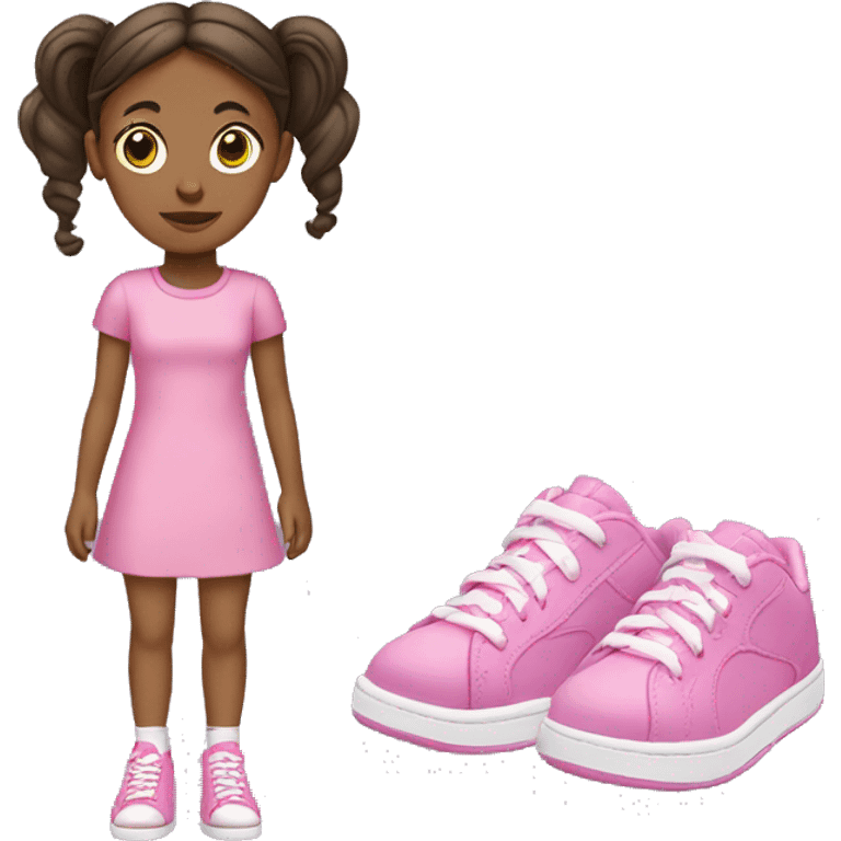 Young brown girl with two ponytails, pink dress and pink sneakers emoji