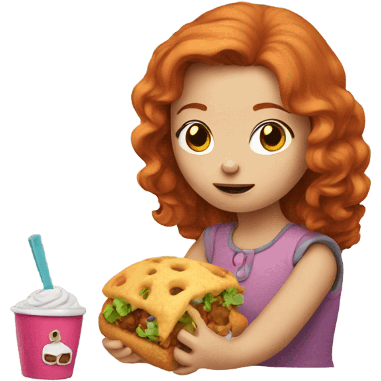 Redheaded girl, eating a toy emoji