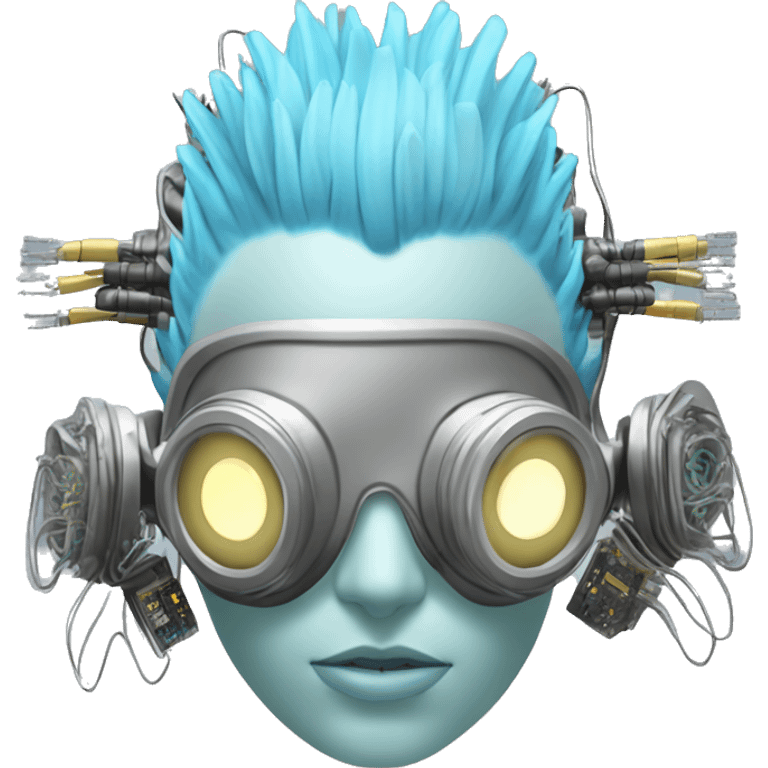 Light blue Mohawk female cyborg head with silver respirator mask and circuits emoji