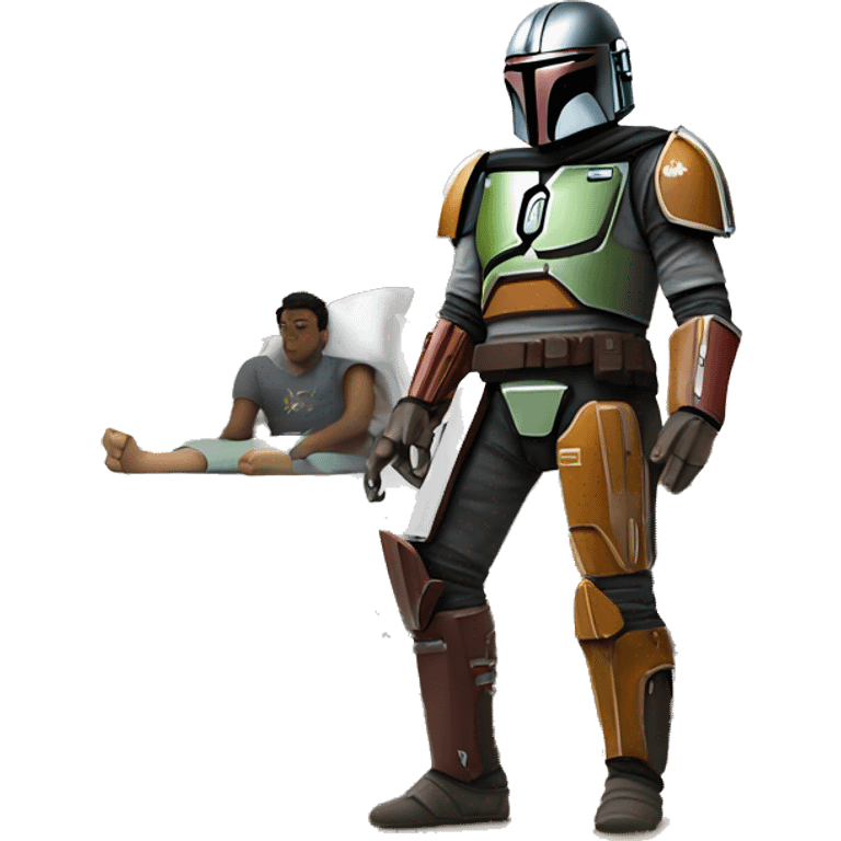 Mandalorian standing on a bed with a sick software developer in it. emoji