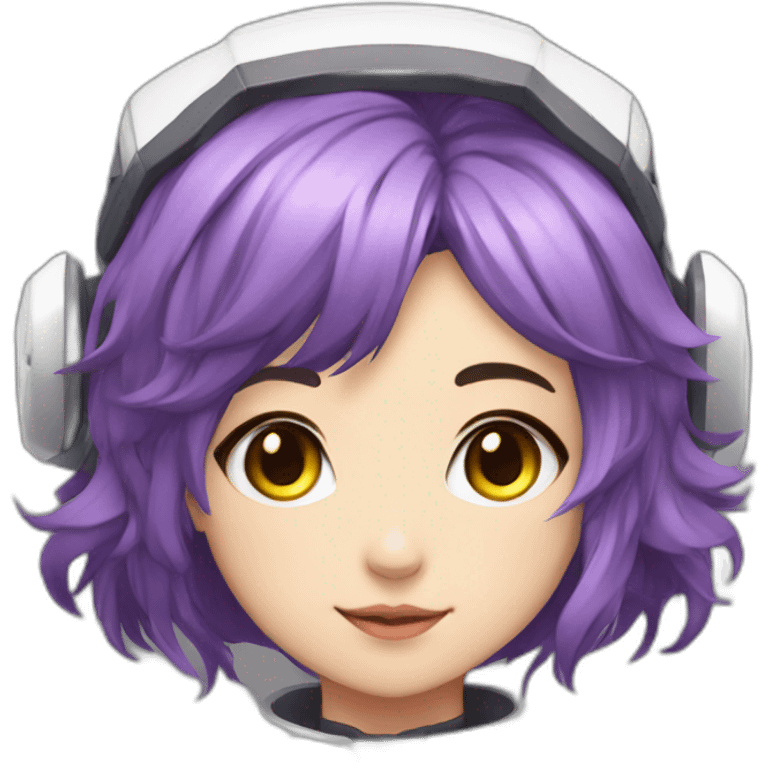 Anime mech pilot girl with short purple hair gray eyes white pilot suit and cat ears emoji