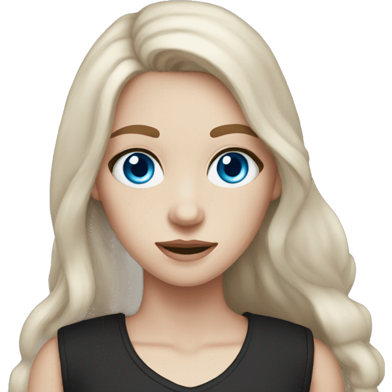 a pale girl with long brown hair, blue eyes  with freckles wearing a black vest  emoji