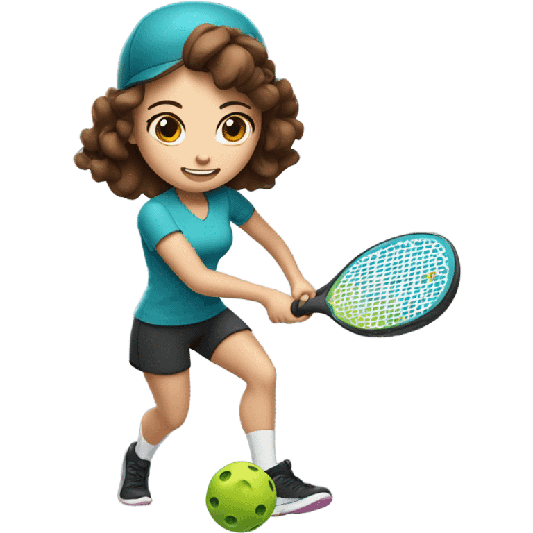 Caucasian girl with brown hair playing Pickleball emoji