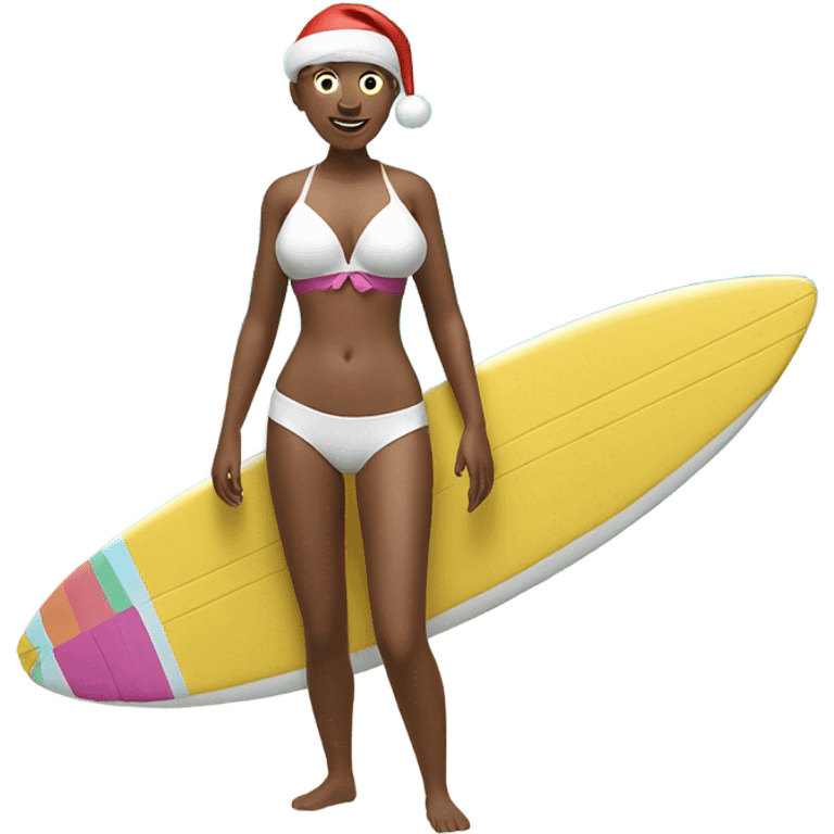 Santa a white man, traditional at the beach with a swim top for women on a surf board, wearing a woman’s swim top emoji