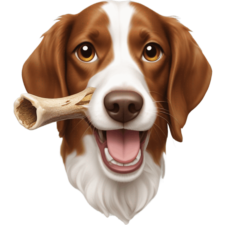 A Brittany spaniel dog eating a deer horn emoji