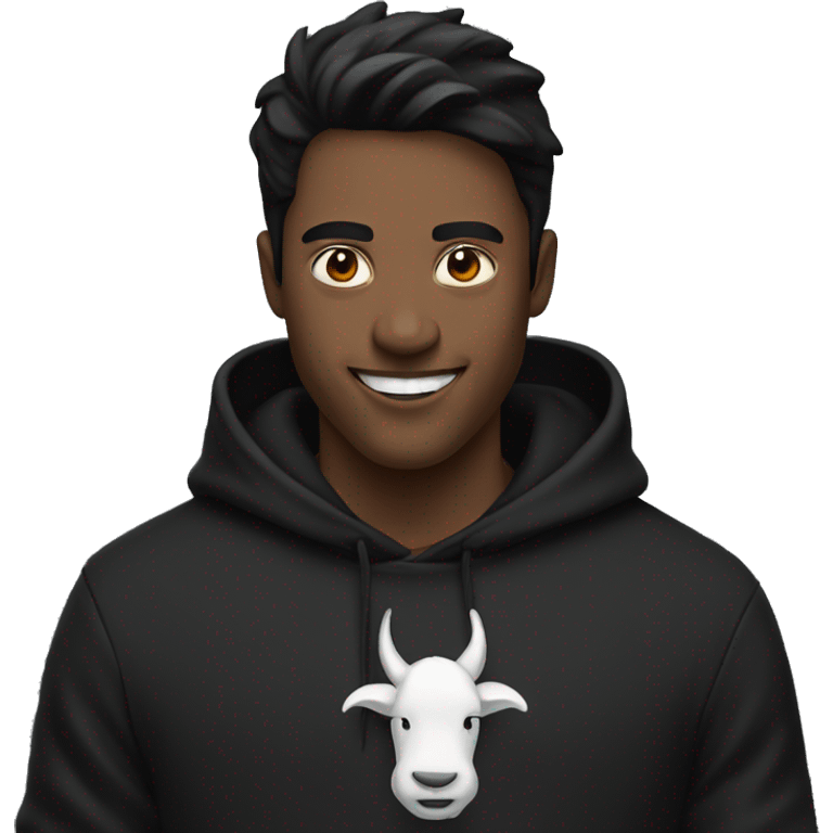 a guy with white horns, black hair and black hoodie, that is happy emoji