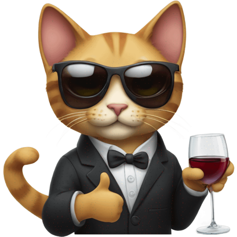 cat wearing sunglasses drinking a glass of wine and giving a thumbs up emoji