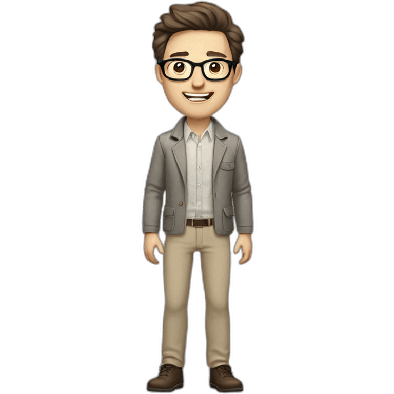 Joyful Full height Pale skinned Fit Man With dark brown hair in gray jacket, beige office shirt, Brown pants and vintage glasses. His thrumbs up emoji