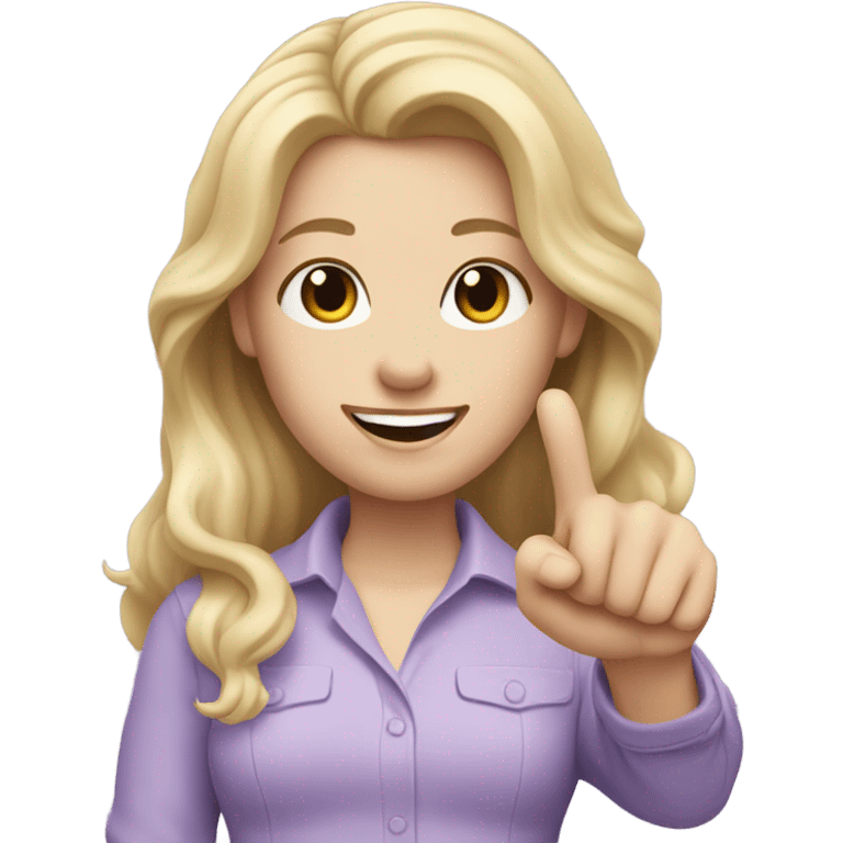 Woman, white skin, pale skin, long hair, blonde hair, wavy hair, lavender shirt, holding two thumbs up emoji