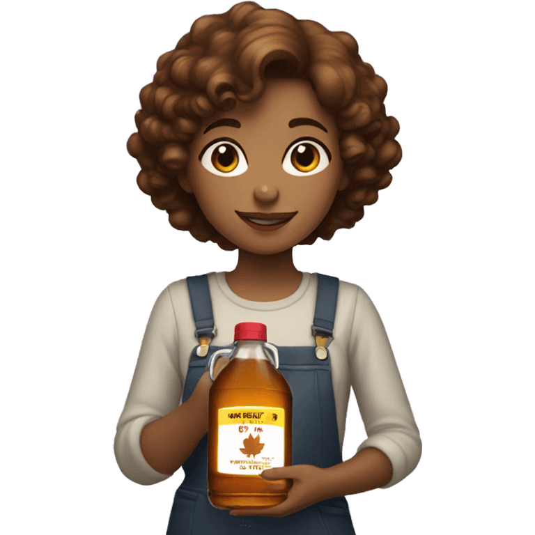 girl with short brown curly hair ,hlding a bottle of maple syrup emoji