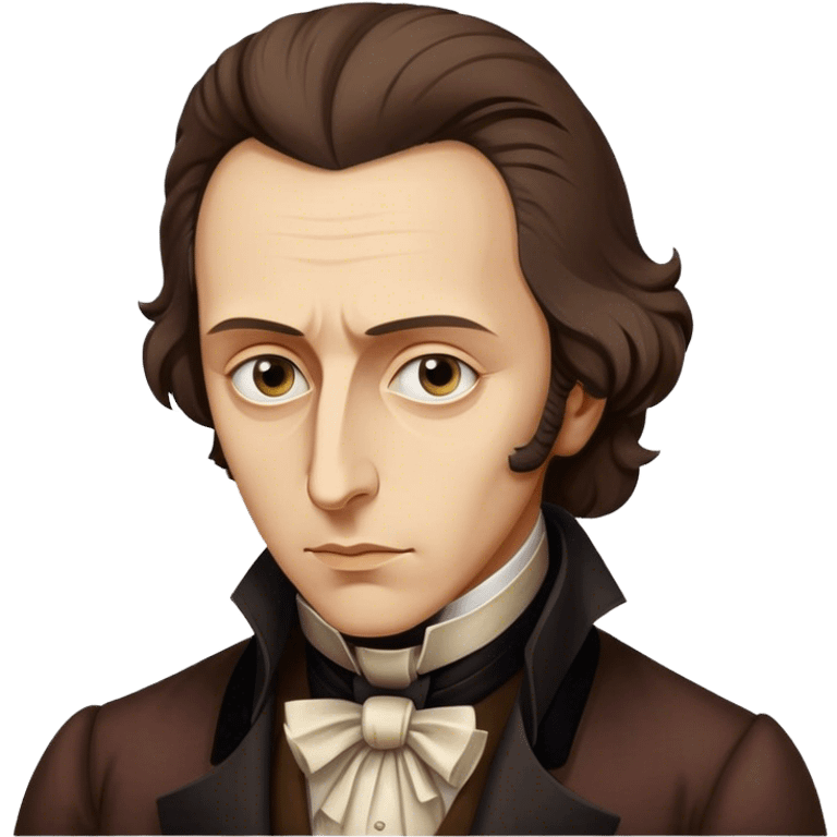 Cinematic Realistic Chopin Portrait Emoji, depicted as an introspective composer with expressive eyes and period attire, rendered with rich textured detail and soft classical lighting that captures his emotive musical genius. emoji