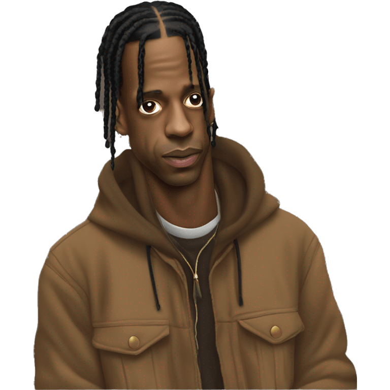 Iconic-style Candid Likeness Travis Scott:

A cool presence in streetwear, with focused eyes and laid-back stance. Known for his electric energy and innovative vibe, blending hype with a sense of mystery. emoji