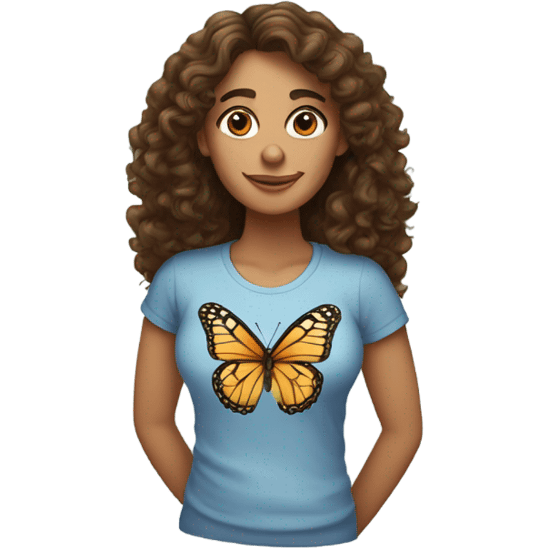 Spanish woman with long curly brown hair wearing a butterfly T-shirt  emoji