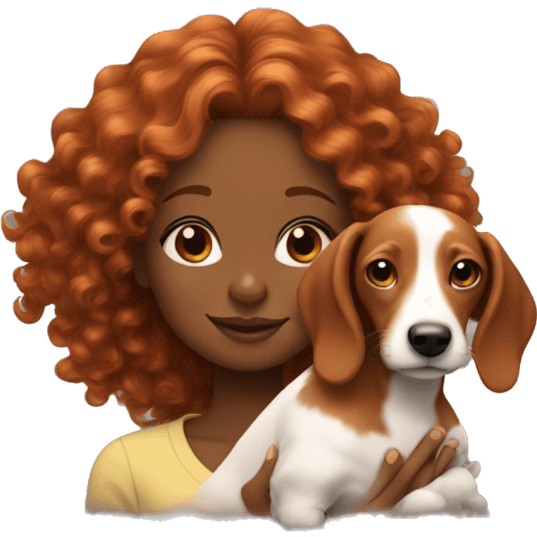 Black girl with curly ginger hair with dachshund puppy emoji