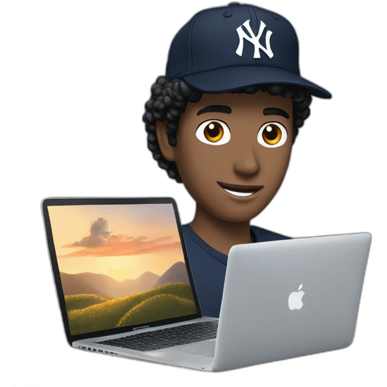 20yo Curly white man black hair with a MacBook and a yankees cap emoji