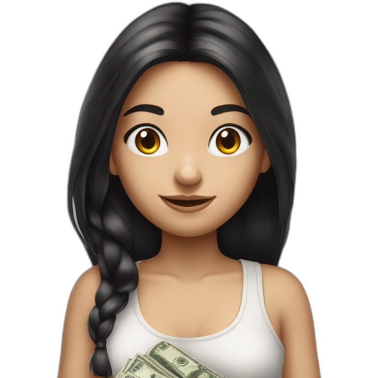 hyperrealist caucasian girl black long hair holding money emoji