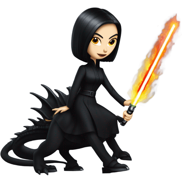  beautifully dressed teen Morticia Addams Jedi riding on the back of a very large black shiny evil-looking fire-spewing dragon. proper scale emoji