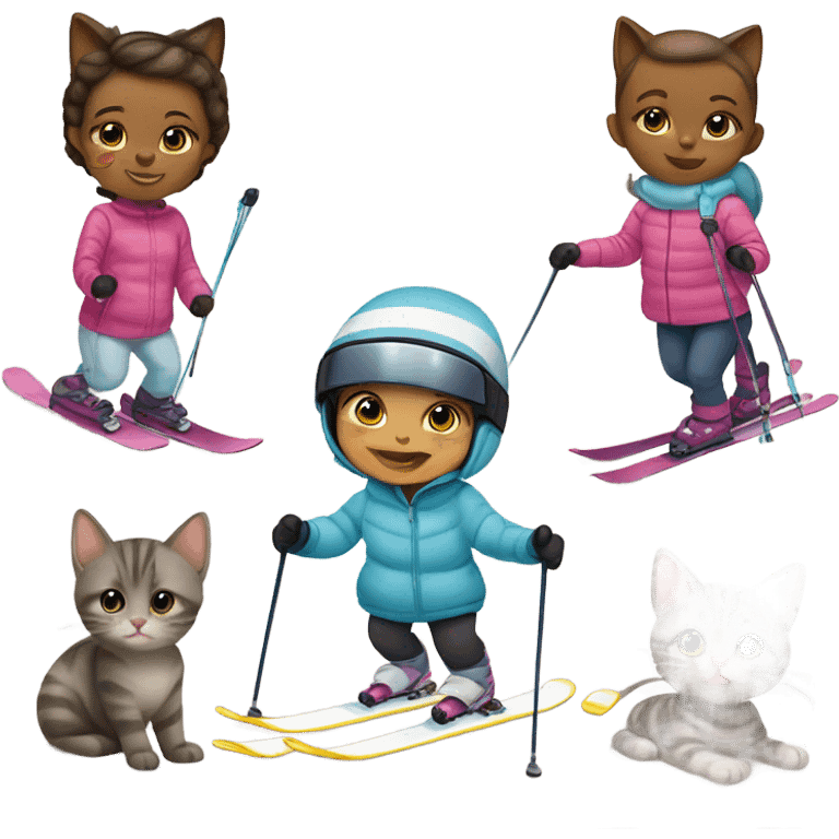 Infant baby girl skiing with her family of five, and one grey striped cat emoji