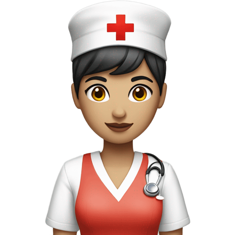 pixie cut black straight hair female nurse with red cross sign hat wearing dress
pale skin color emoji