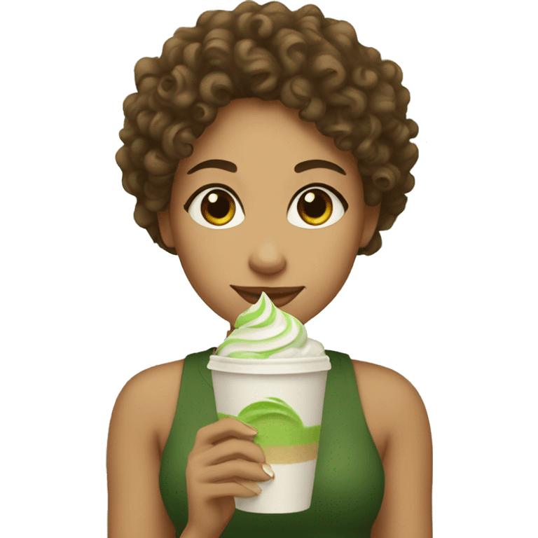 curly girl holding matcha latte emoji