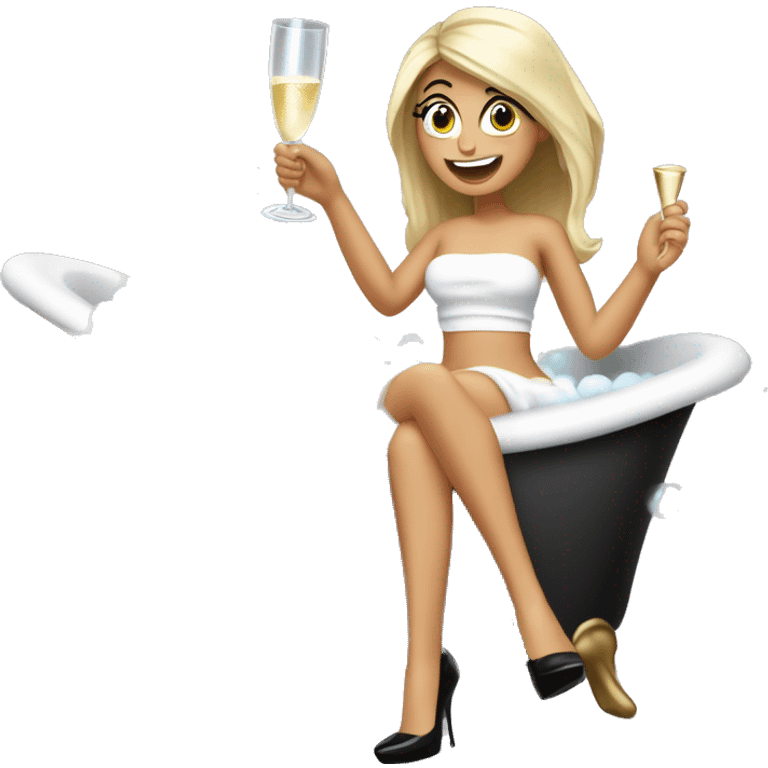 Girl with white towel wrapped around hair holdingl a champagne glass and bottle in black high heels kicking feet out in bubble bathtub  emoji