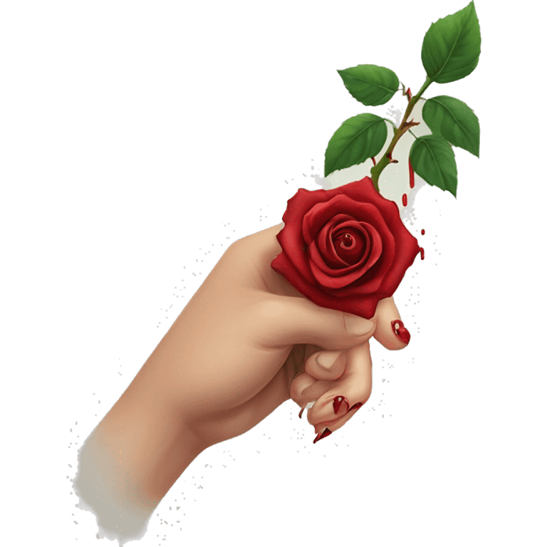 An image of a hand holding a rose, with a thorn piercing the skin, showing a small drop of blood, symbolizing the pain of beauty or love emoji