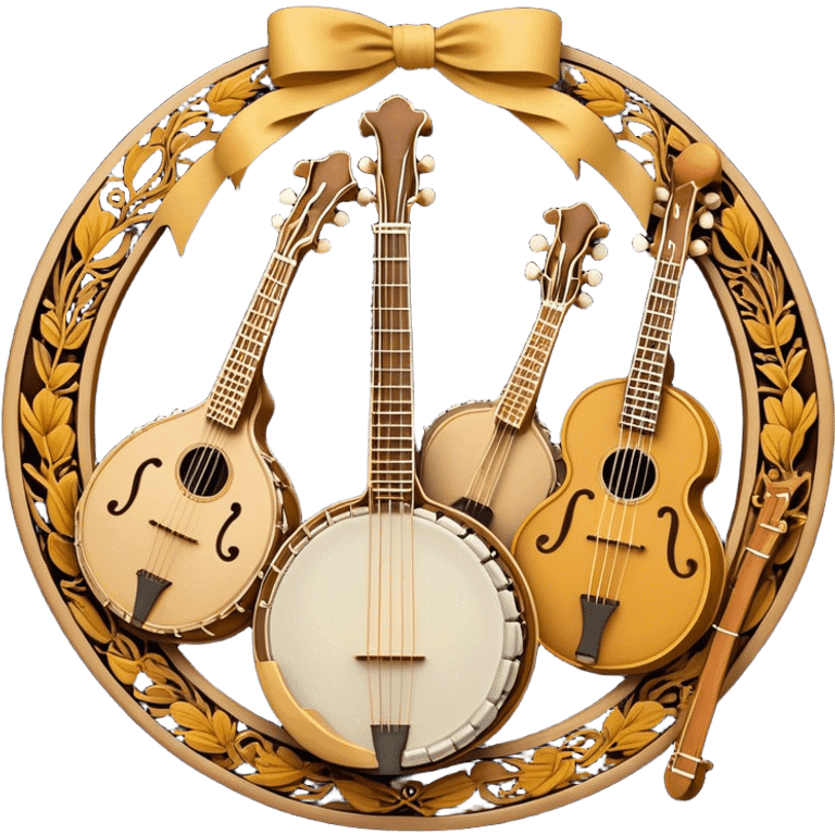 Design a sophisticated and festive emblem-like emoji representing plucked and stringed instruments. The layout should resemble a heraldic crest, featuring iconic instruments like a banjo, mandolin, domra, and sitar, artistically arranged in an elegant and symmetrical way. The necks of the instruments should be intertwined with a flowing ribbon of musical notes, winding around the strings and fretboards. The design should be detailed, showcasing the intricate carvings on the instruments, visible strings, and fret markers. Use a rich color palette with deep golds, browns, and vibrant accents to evoke a sense of luxury and celebration. The musical notes should appear to float around the instruments, connecting them in a graceful, dynamic way. Include ornate flourishes or decorative elements like laurels, swirls, or subtle engravings to give the image a professional, emblematic appearance. The background should be transparent. emoji