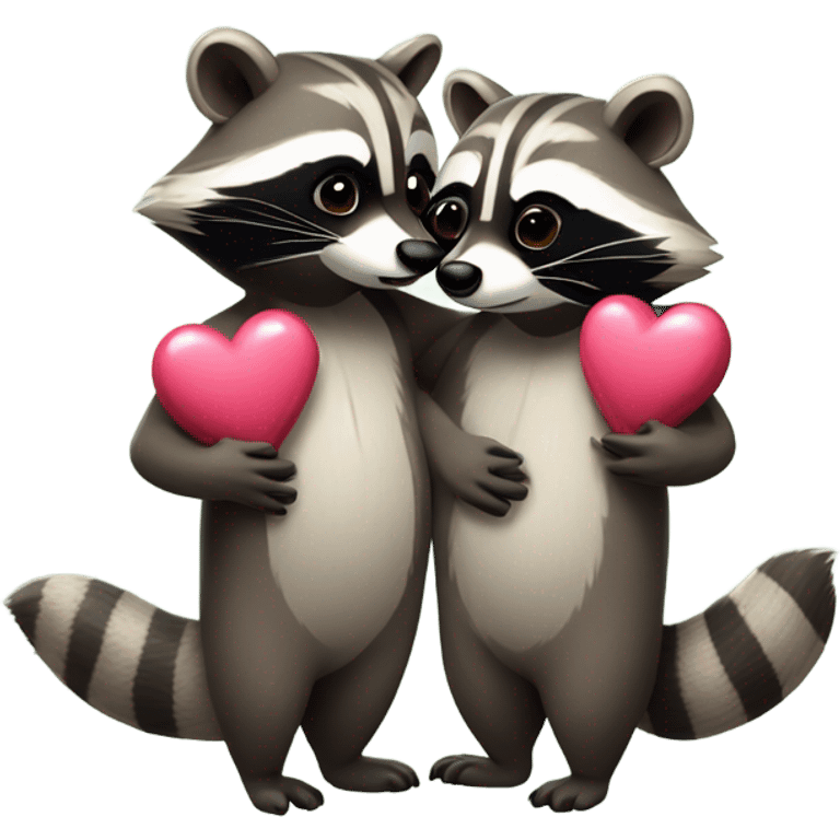 Two male raccoons hug with hearts emoji