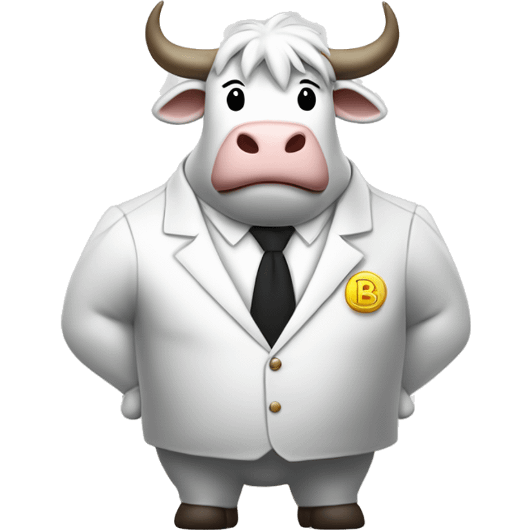 When the coin with the word Booms is turned, a white bull with a white mane and a white suit with the word Booms is standing with arms crossed. emoji