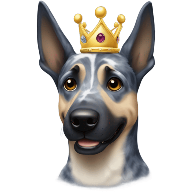 A smiling malinois dark blue merle without red color with a crown on his head emoji