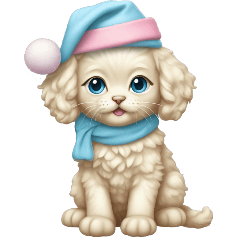 Cream cockapoo kitten whole body with pastel blue eyes, and with pink Christmas hat emoji