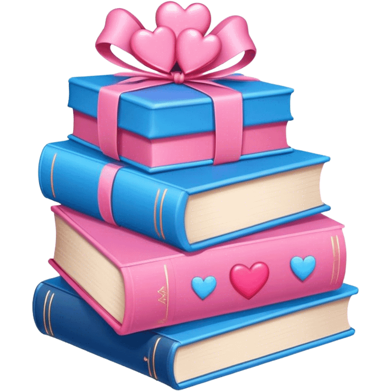 lots of romance books stacked up, pink and blue, with hearts and bows emoji