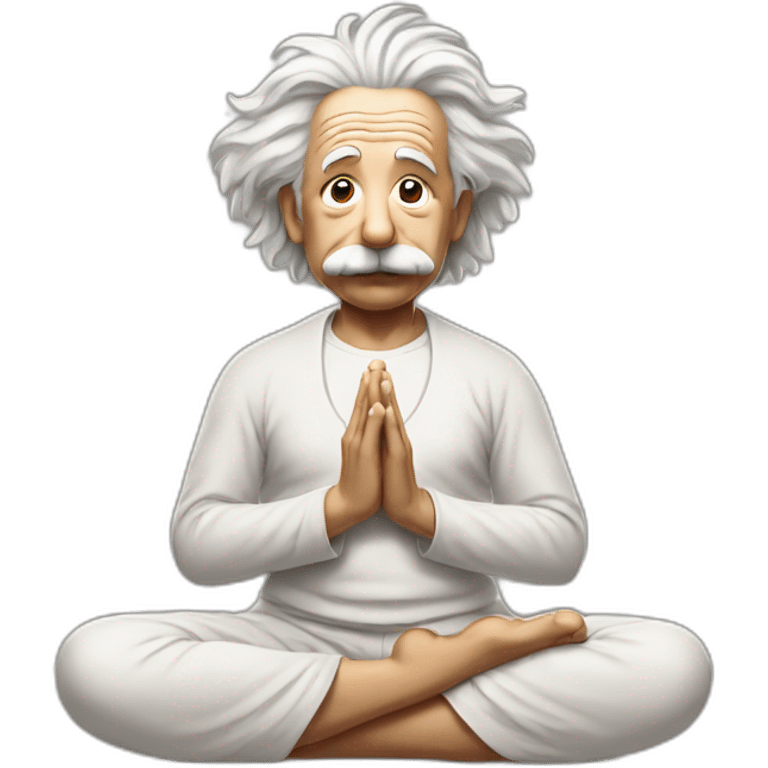 Einstein sitting in yoga position with fingers mudra emoji