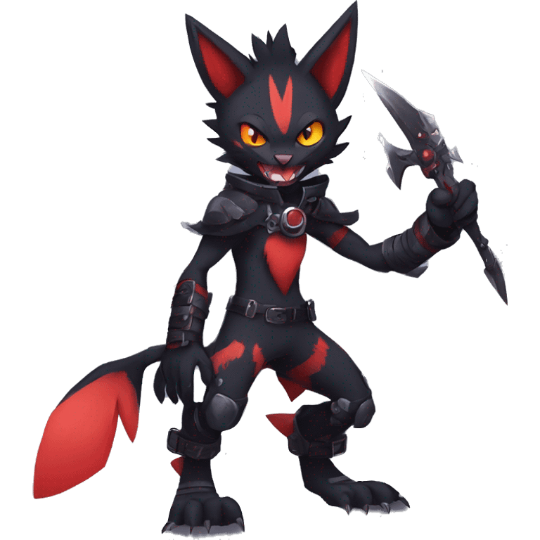 Black Anthro Cool Punk Noibat-Litten-Fakemon-fursona with fangs and red markings Full Body emoji