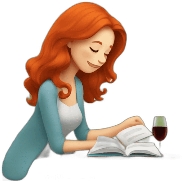 redhead woman reading a book with a glass of wine in a park emoji