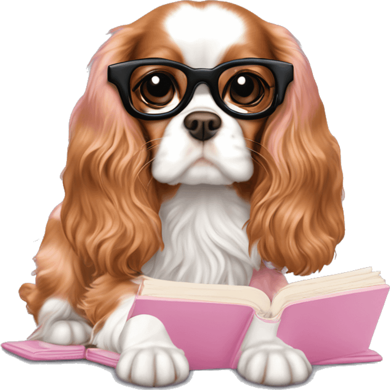 Cavalier King Charles Spaniel with gold eye glasses reading baby pink book emoji